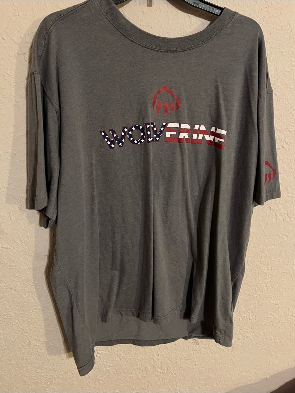 Wolverine Gray Short-Sleeve Tee with American Flag Logo and Red Accents